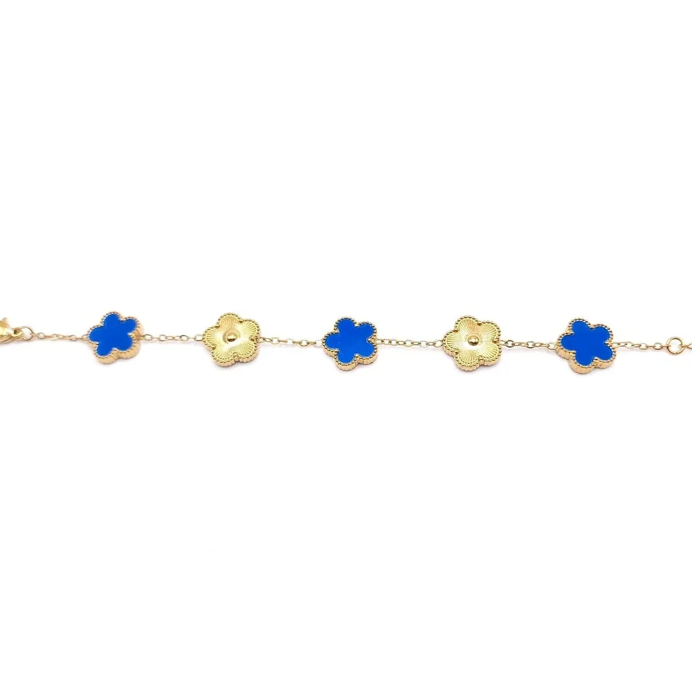 Gold Plated Blue Clover Bracelet Womens Stainless Steel Adjustable Lucky Jewelry